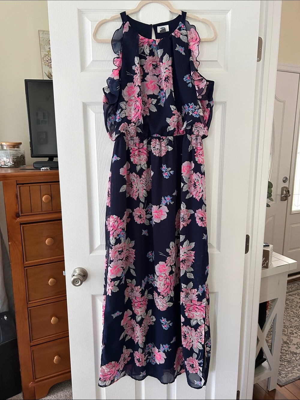 Old Navy Navy Floral Cold-Shoulder Maxi Dress with Pink and Light Blue Blooms
